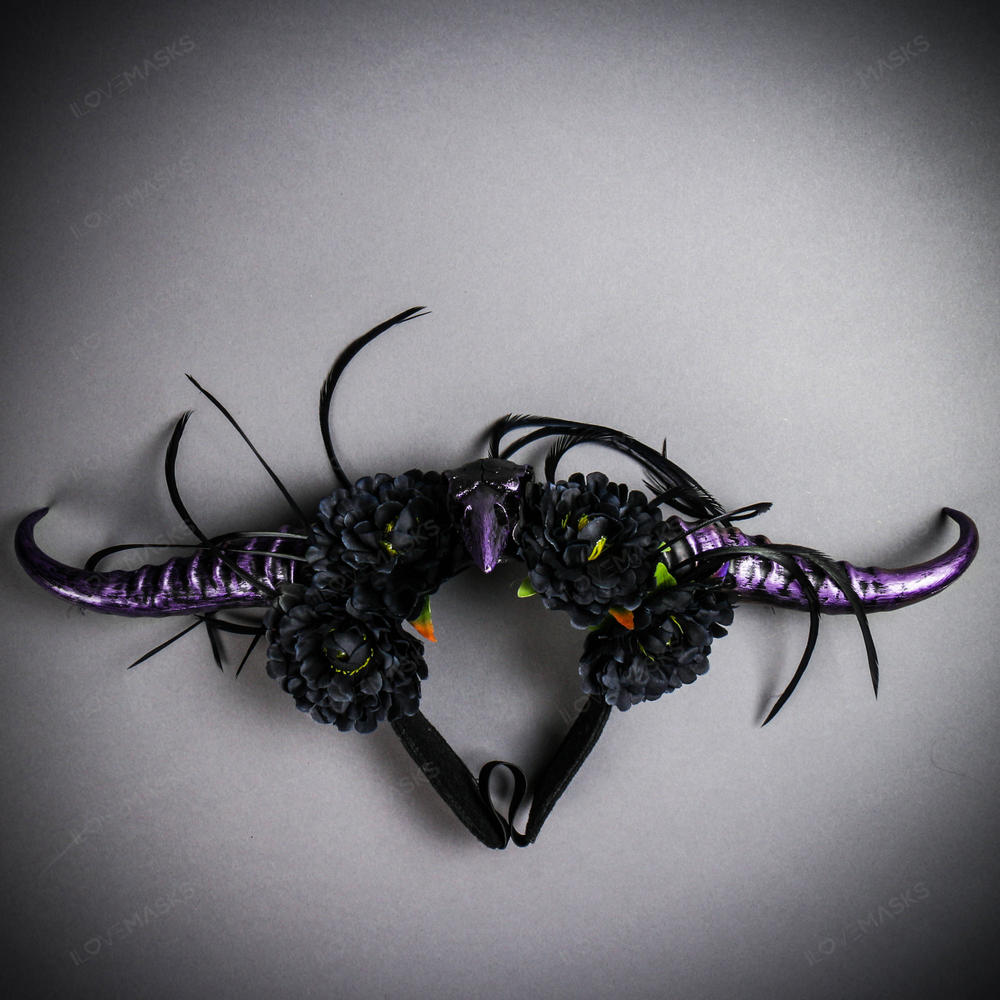Gothic Demon Long Horn with Flower Head Piece - Black Purple